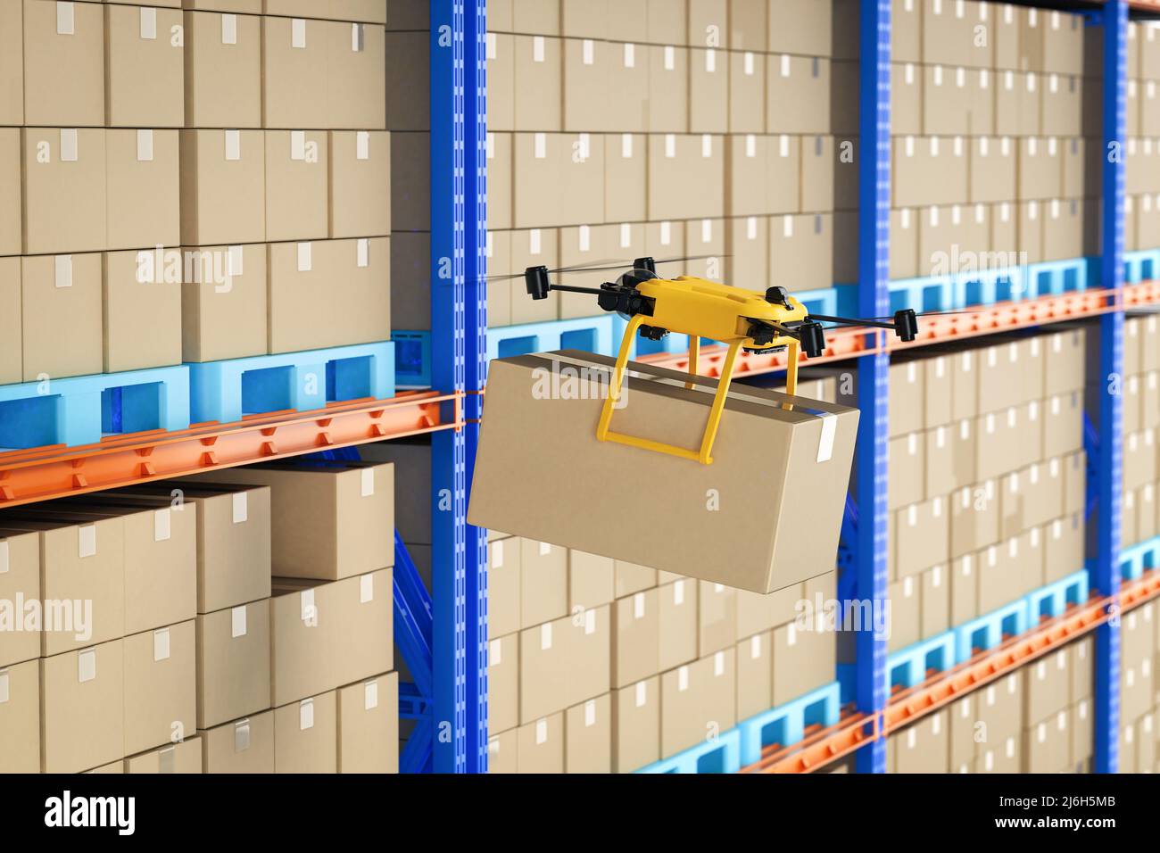 Automation warehouse concept with 3d rendering delivery drone holding ...