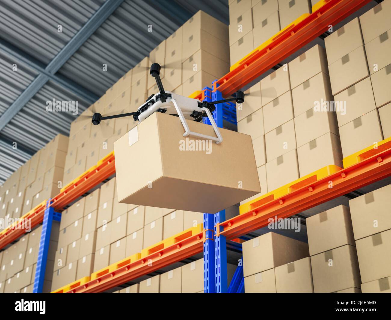 Automation warehouse concept with 3d rendering delivery drone holding ...