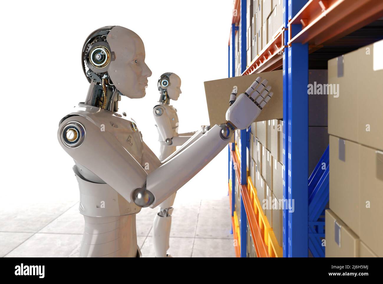 Automation warehouse concept with 3d rendering cyborg work in warehouse ...