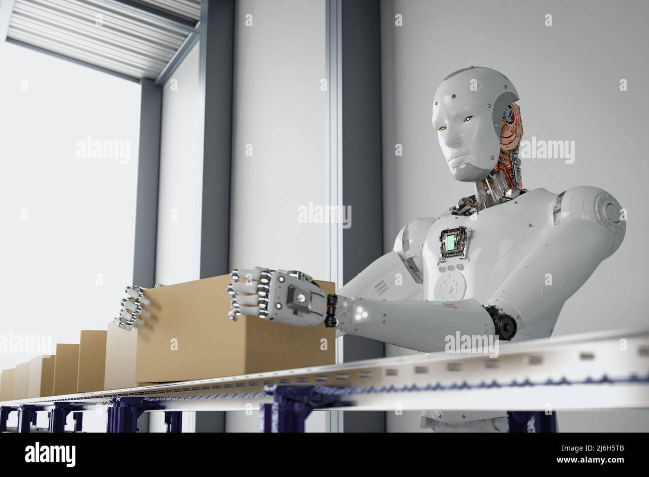 Automation factory with 3d rendering robot assembly line working with carton boxes on conveyor