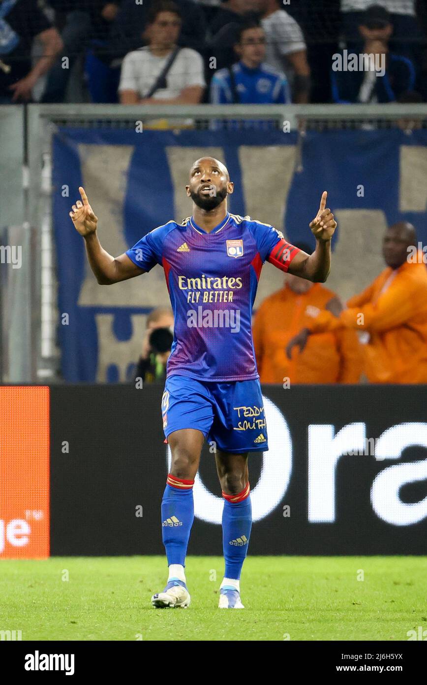 Moussa Dembele of Lyon celebrates his goal during the French championship Ligue 1 football match between Olympique de Marseille (OM) and Olympique Lyonnais (OL, Lyon) on May 1, 2022 at Stade Velodrome in Marseille, France - Photo Jean Catuffe / DPPI Stock Photo