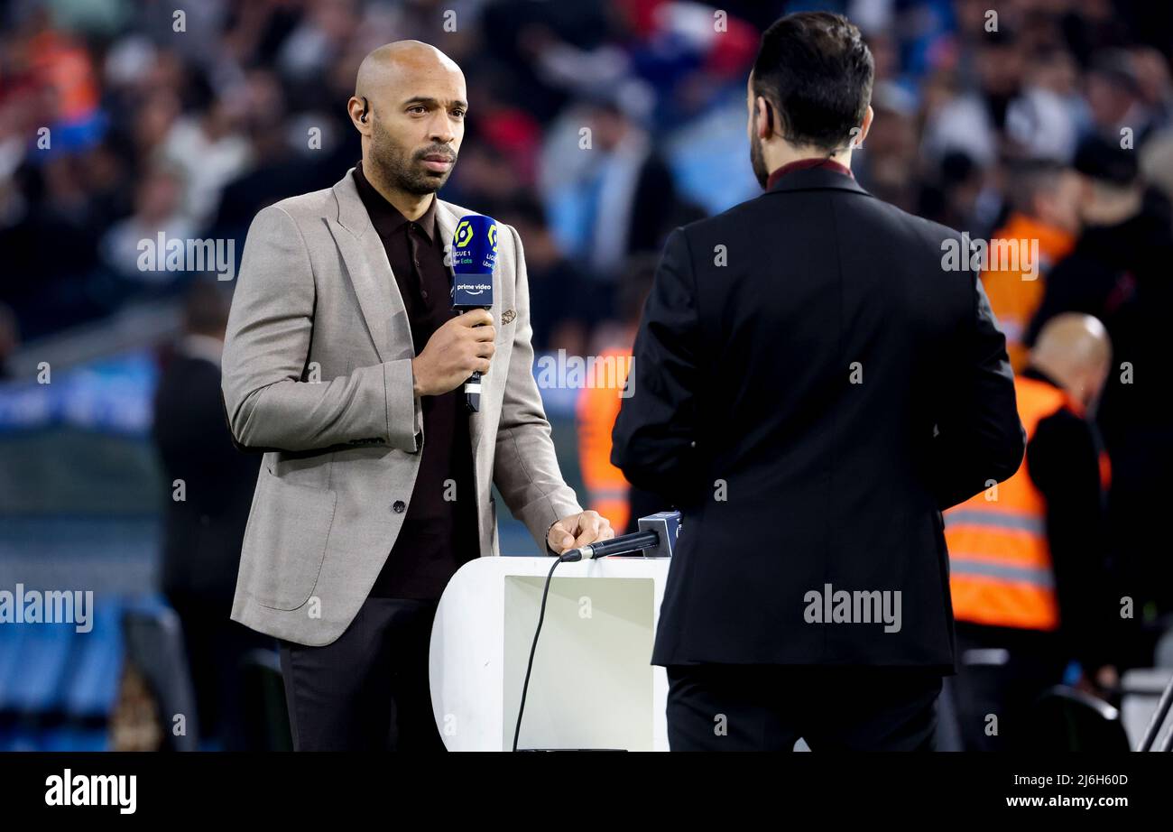 Thierry Henry comments for Amazon Prime Video the French championship Ligue  1 football match between Olympique de Marseille (OM) and Olympique Lyonnais  (OL, Lyon) on May 1, 2022 at Stade Velodrome in