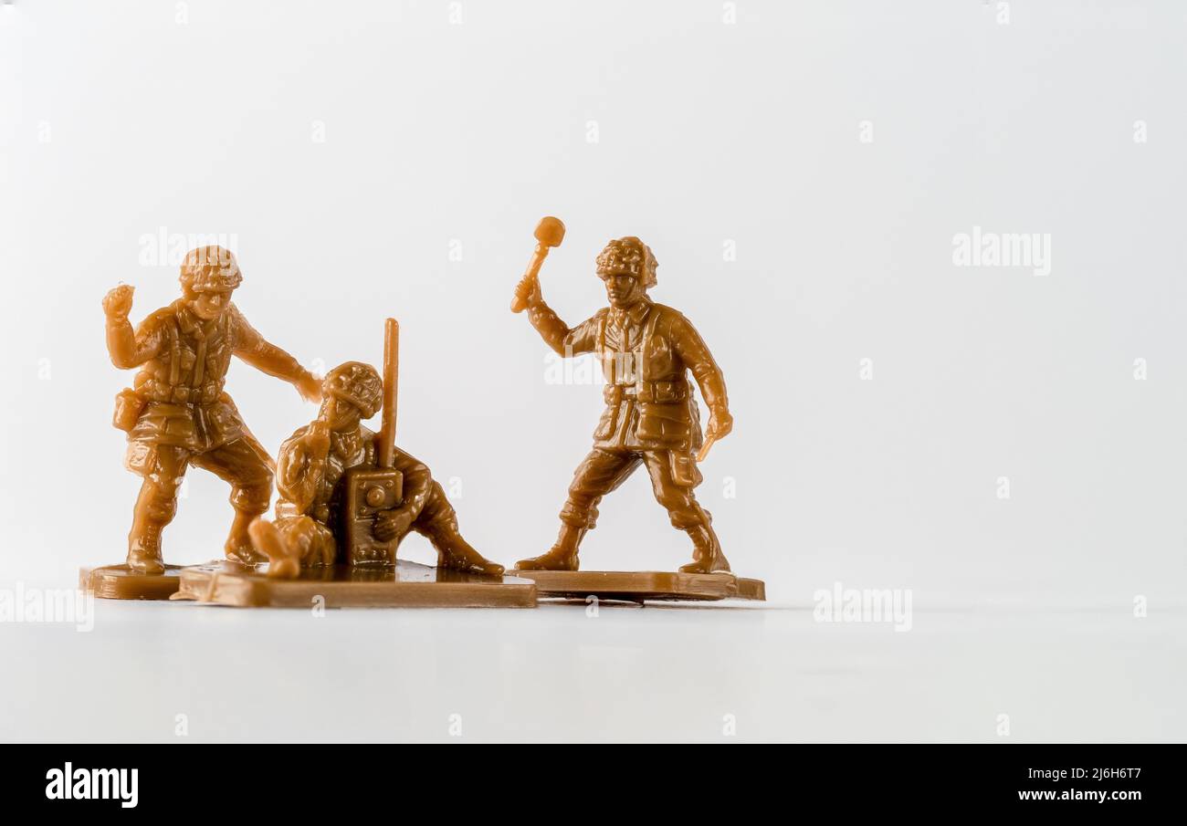 Plastic toy soldiers American Paratroopers , radio operator, grenade thrower Stock Photo