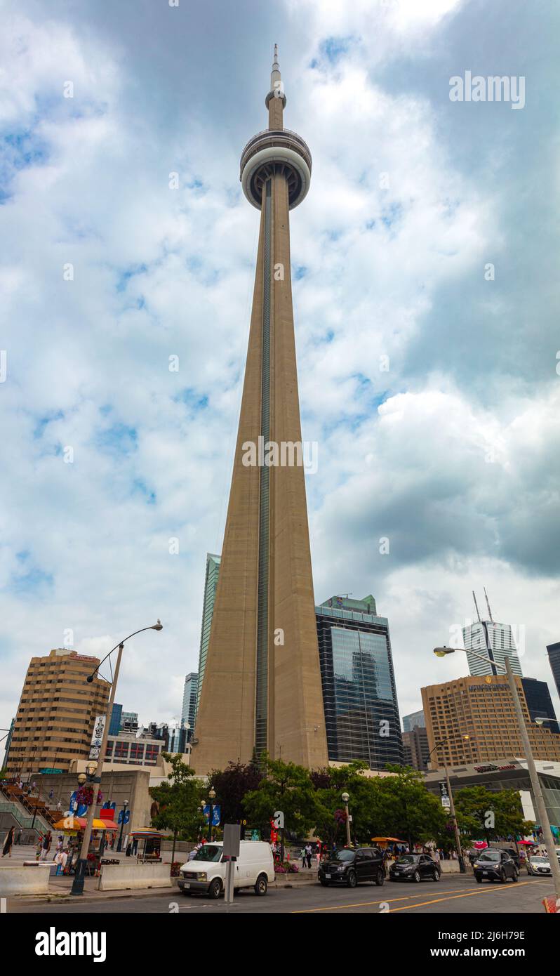 Toronto, Canada - August 26, 2021: The Canadian National tower or CN tower in the Canadian metropolis, landmark of Ontario city.  A concrete communica Stock Photo