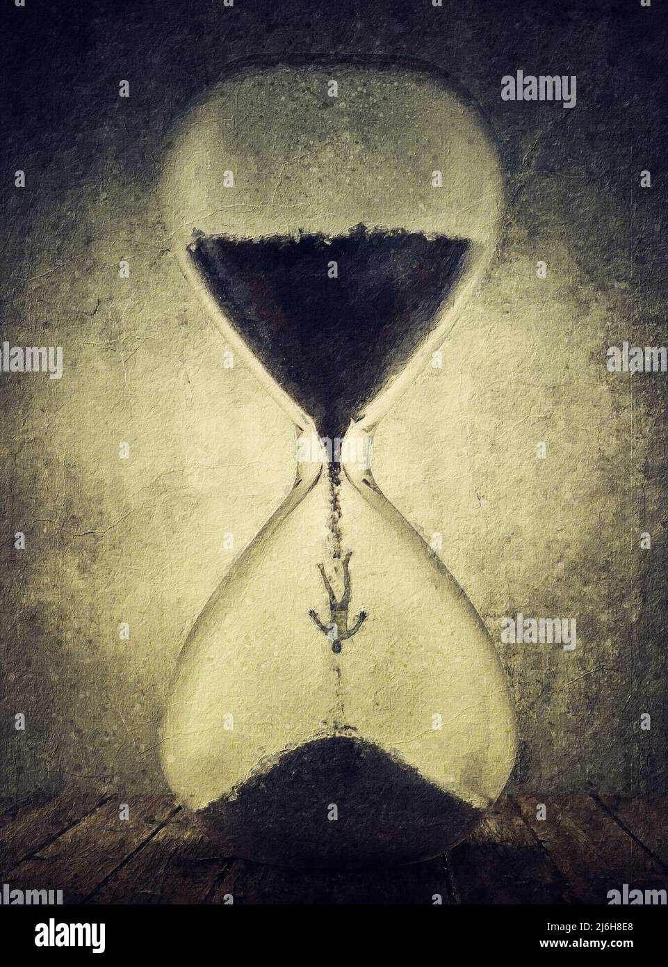 Irreversible time passing concept. Surreal painting with a tiny person falling among the sand inside hourglass. Human dependence of clocks and deadlin Stock Photo
