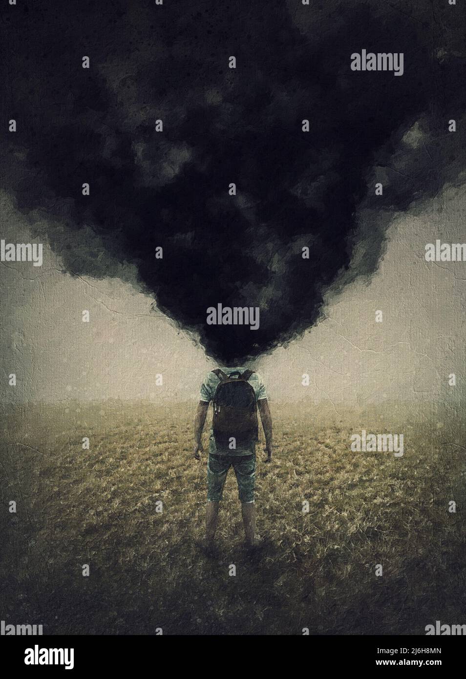 Surreal painting of a depressed person with exploded and fuming head ...