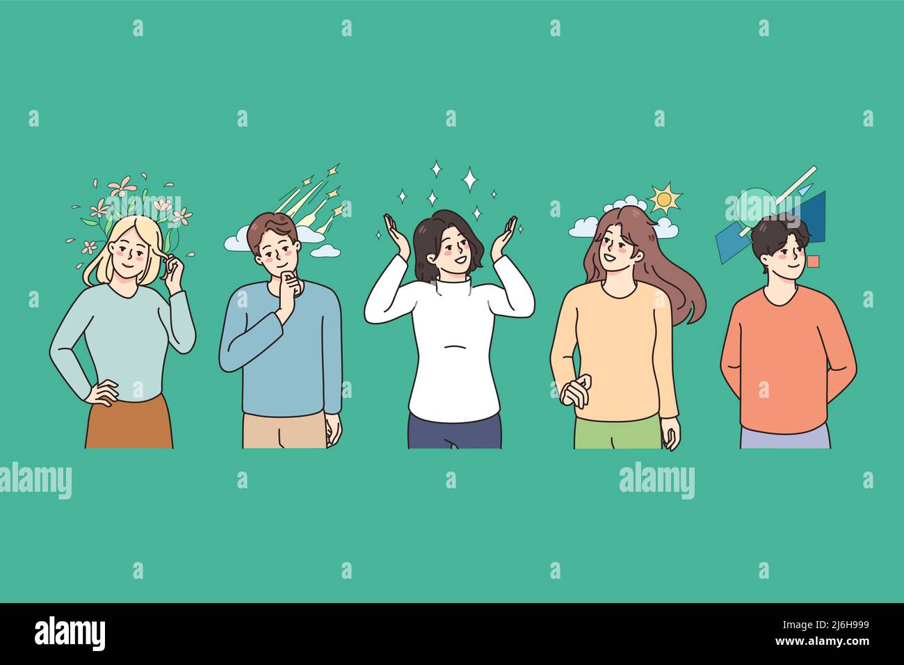 Diverse people with different thoughts and feelings in head. Men and women thinking, imagining and planning. Emotion and expressions in mind. Visualization. Vector illustration.  Stock Vector