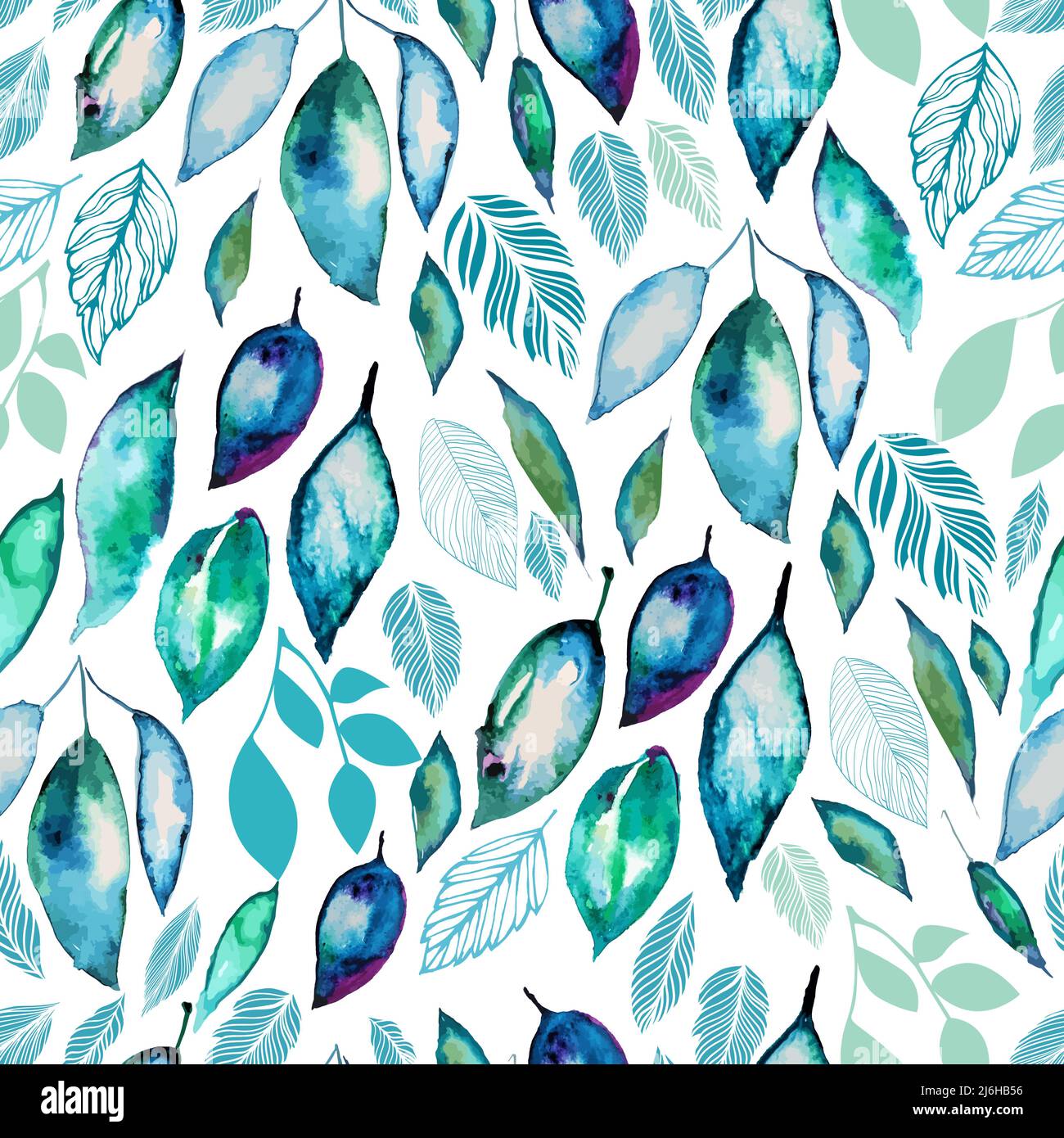 Bluegreen watercolor leaves. Vector seamless background, Winter color