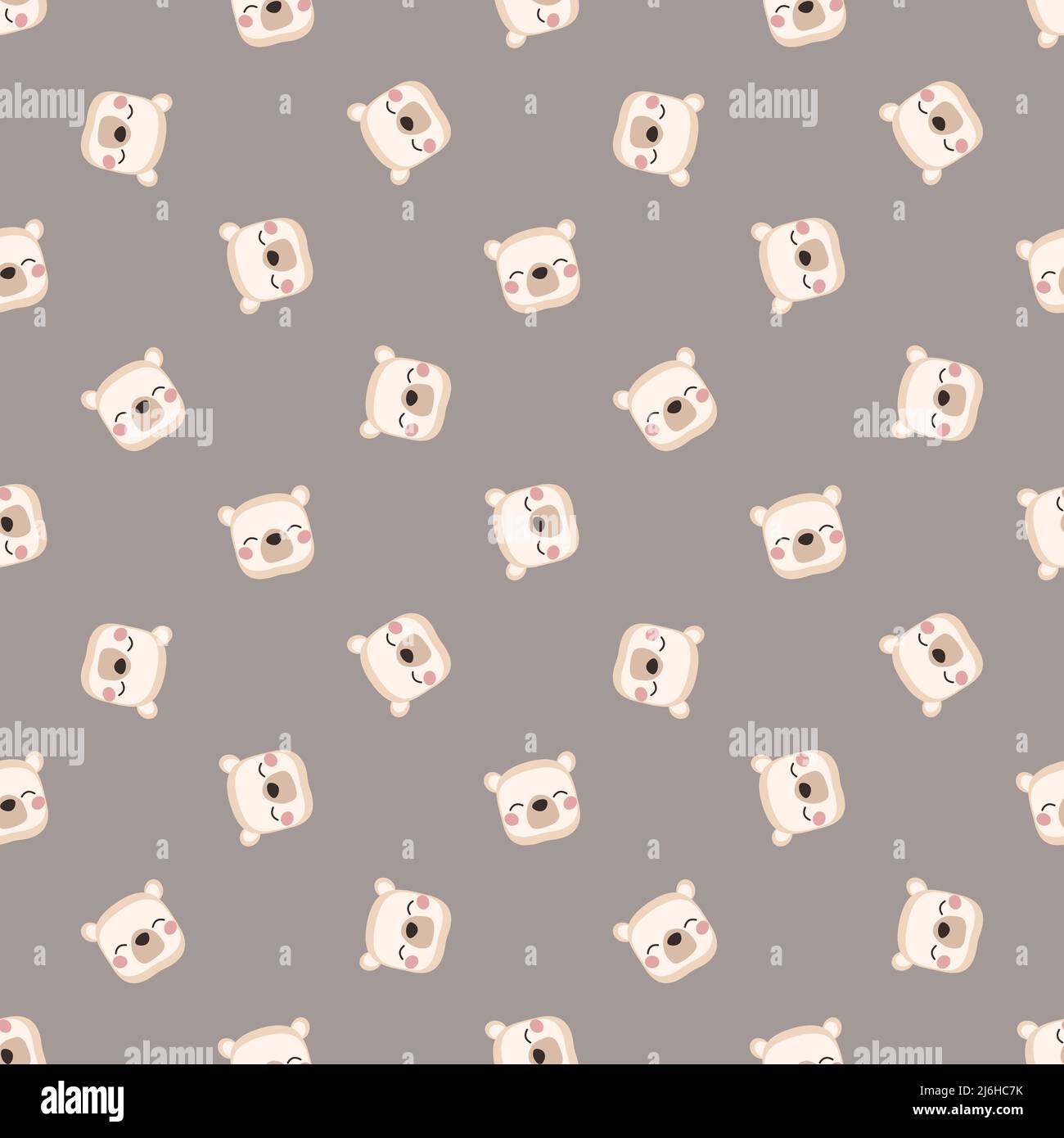 Seamless pattern with head of cute polar bear in childish style with smile muzzle and eyes. Funny print of white animal with happy face on brown background. Vector flat illustration for holidays Stock Vector