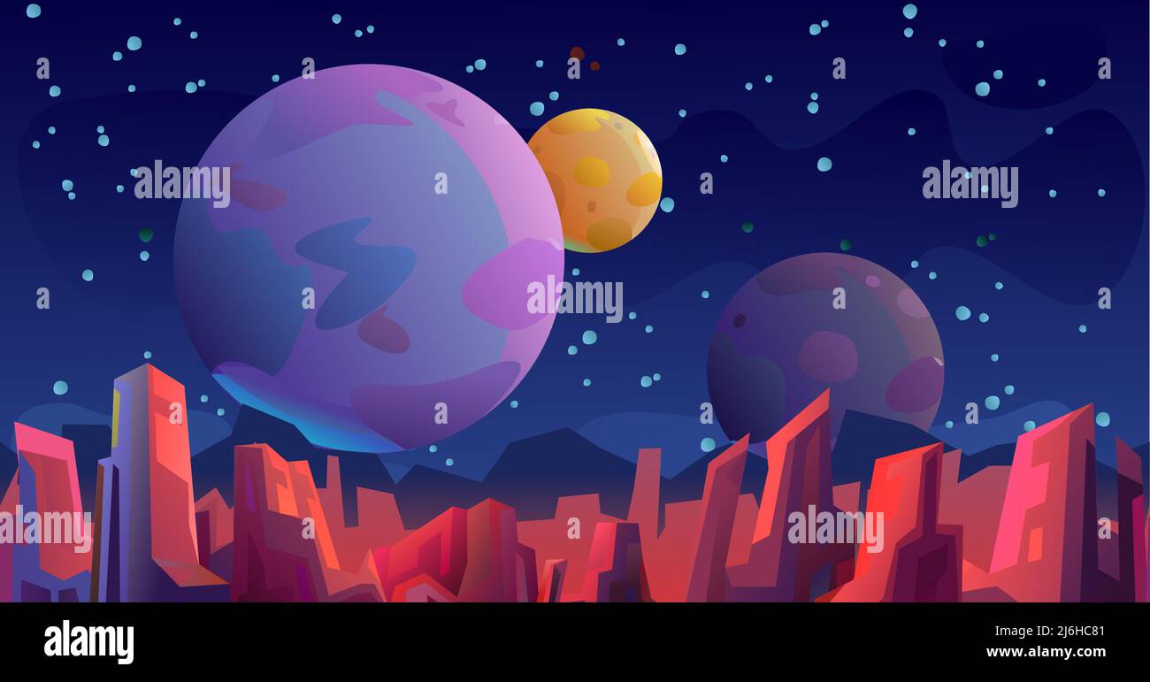 Rocky landscape. Starry night sky. Satellite planets in space. Beautiful stone scenery. Seamless illustration. Cartoon flat style design. Vector. Stock Vector