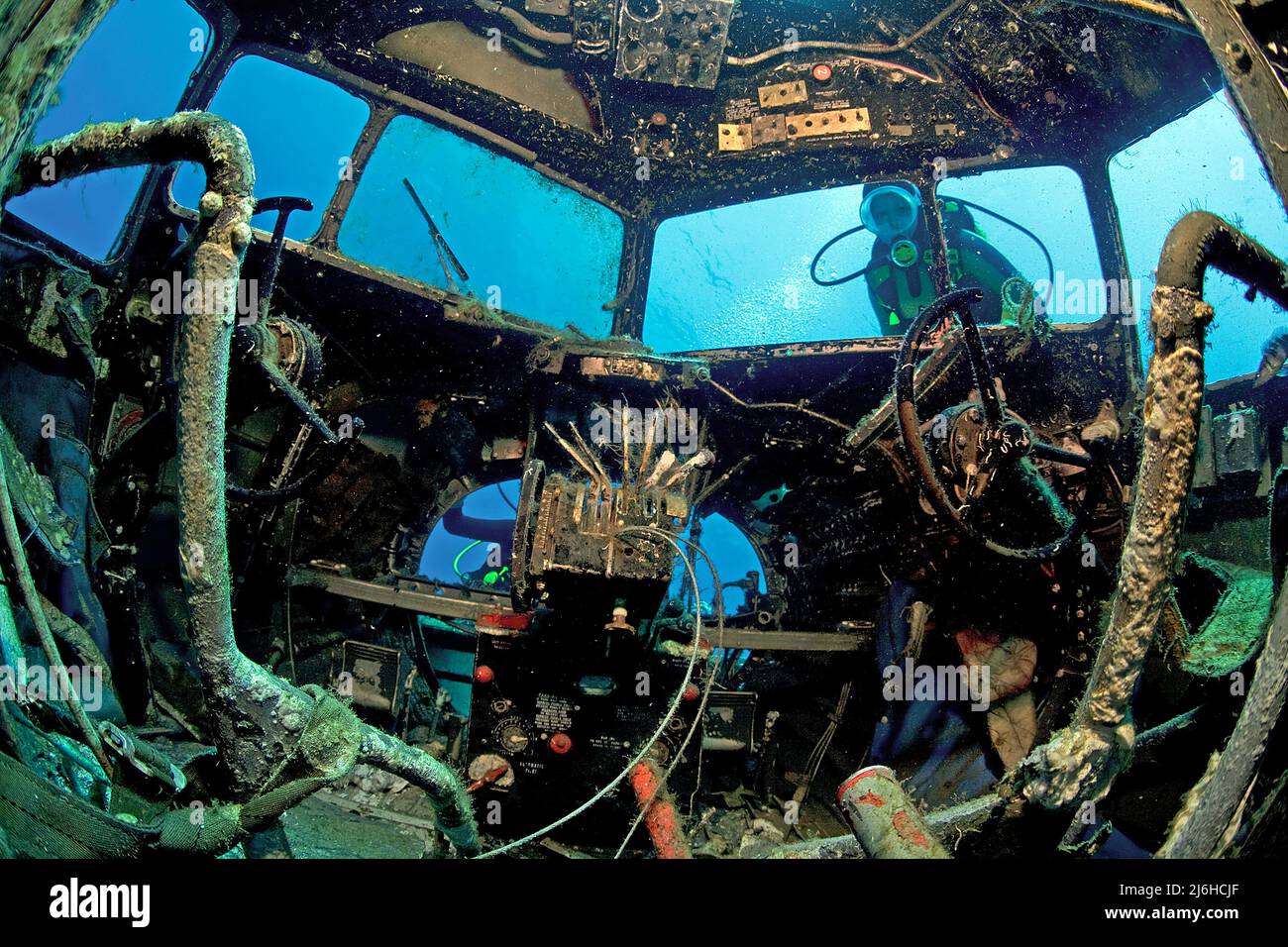 Cockpit of Douglas C-47, Dakota, airfreighter, transport plane, military version of the DC-3, was sunken for scuba divers, Bodrum, Turkey Stock Photo
