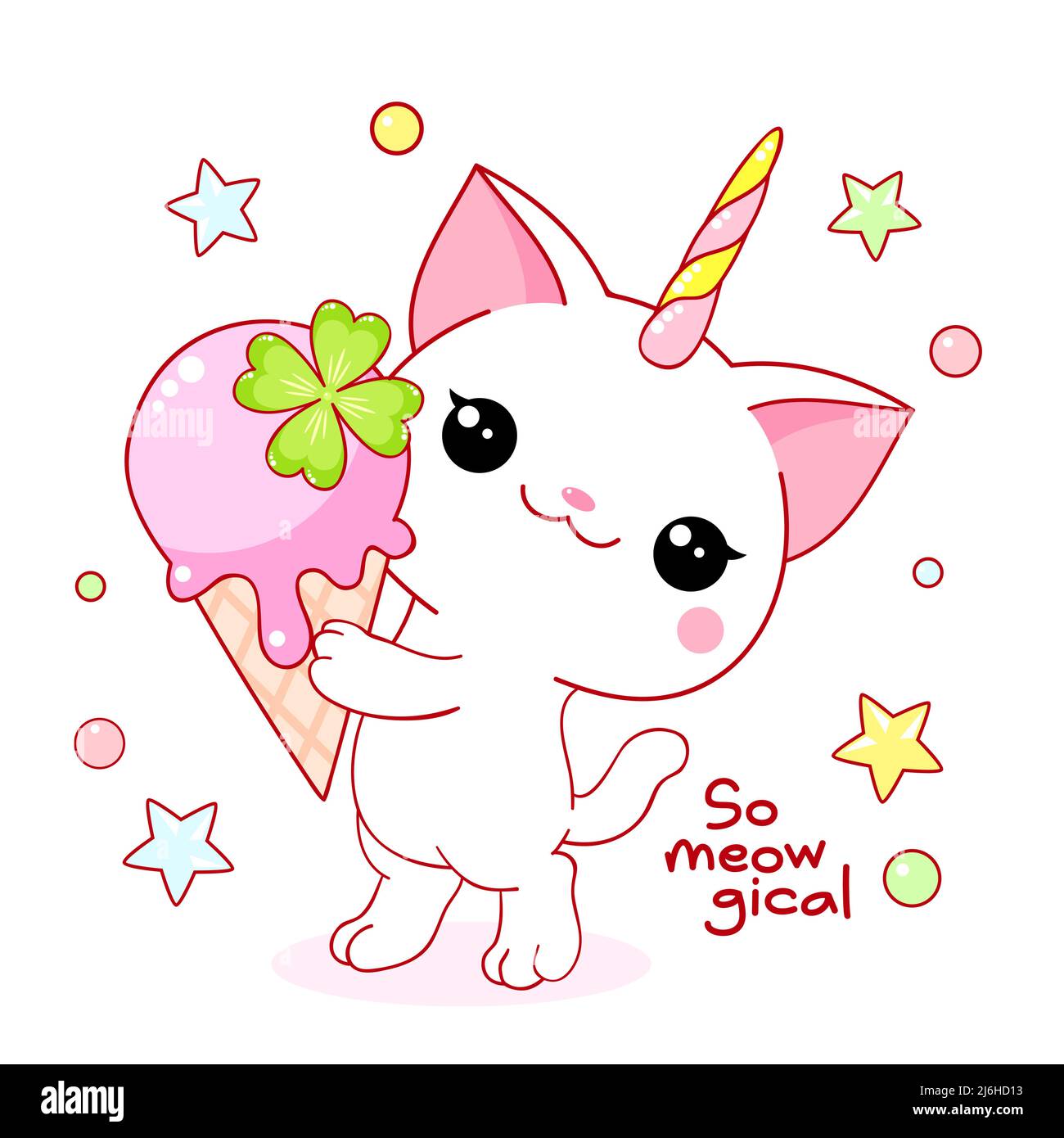 Cute card in kawaii style. Little unicorn cat with ice cream ...
