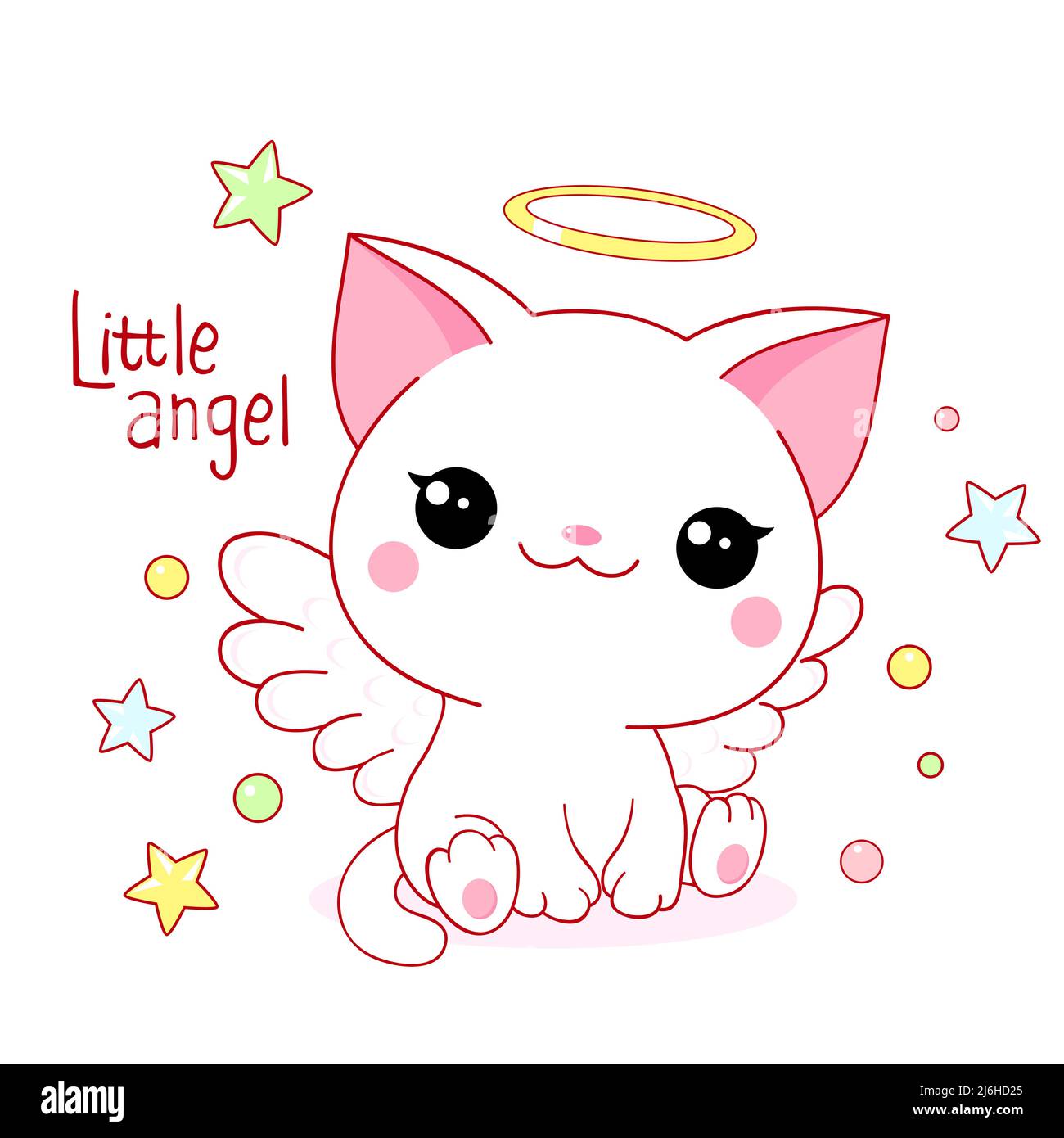 Cute card in kawaii style. Little cat with angel wings and halo. Happy white kitten with nimbus. Inscription Little angel. Vector illustration EPS8 Stock Vector