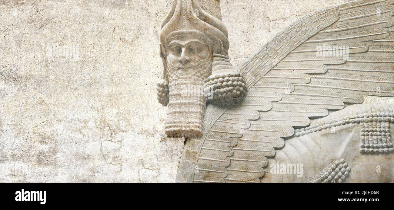 Grunge background with stone texture and lamassu - human-headed winged bull. Horizontal banner with assyrian protective deity. Copy space for text. Mo Stock Photo