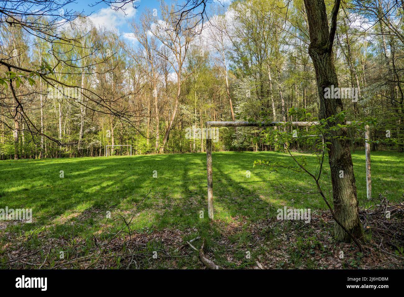 Simple football pitch in the forest, rustic soccer field, recreational
