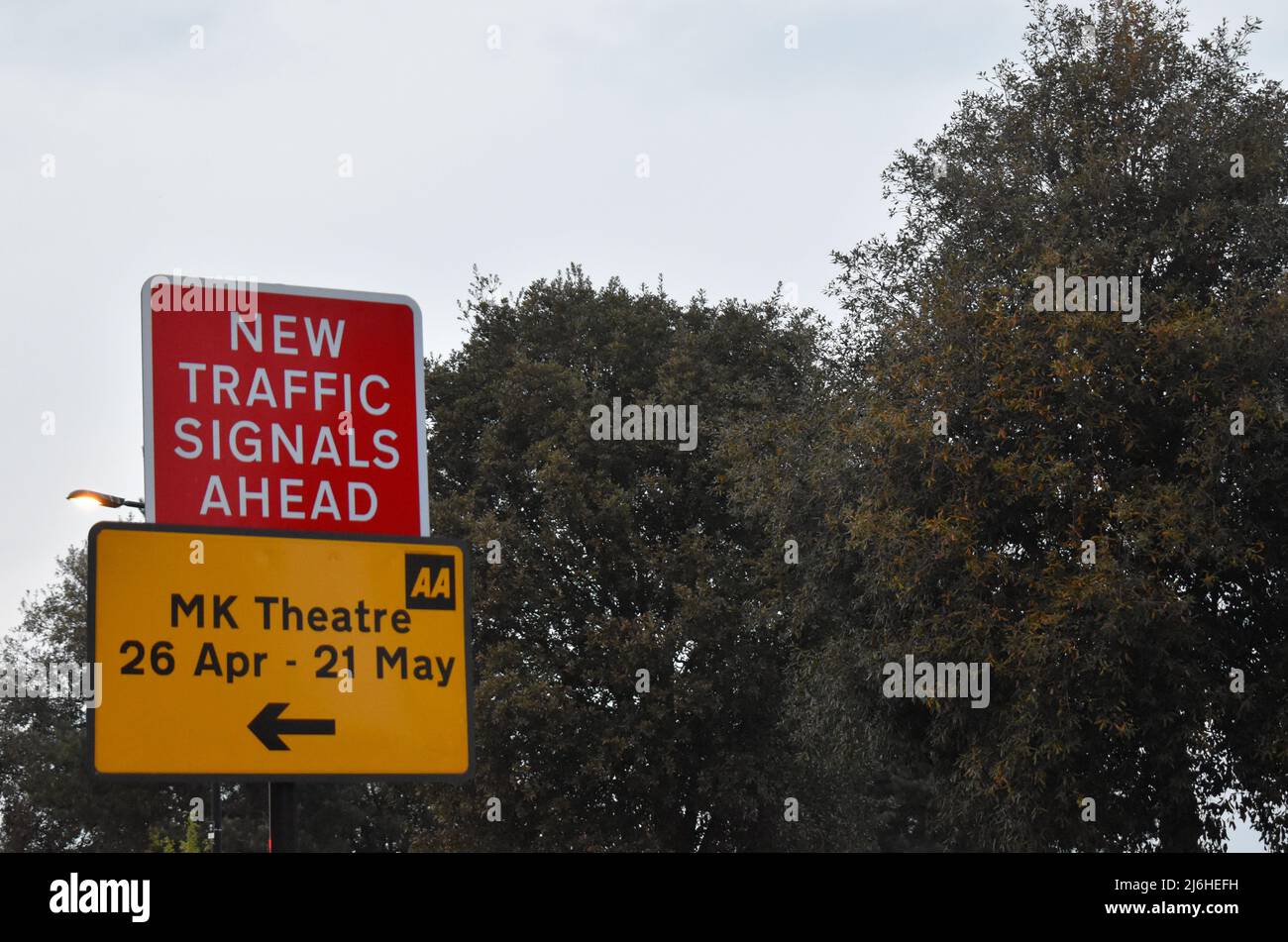 Road sign: 'New Traffic Signals Ahead', with copyspace. Stock Photo