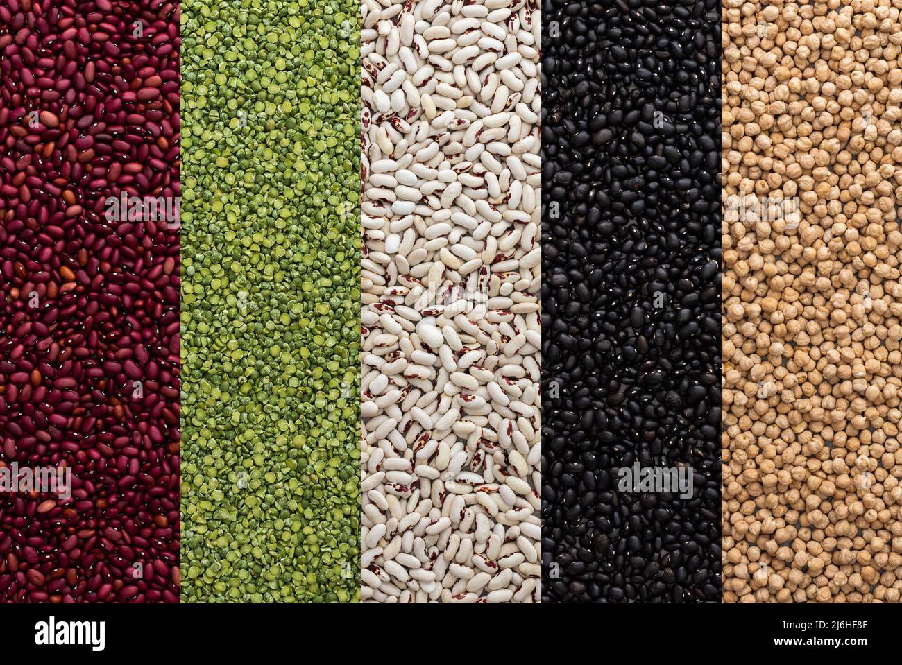 Different types of legumes, chickpeas and green peas, red, white and
