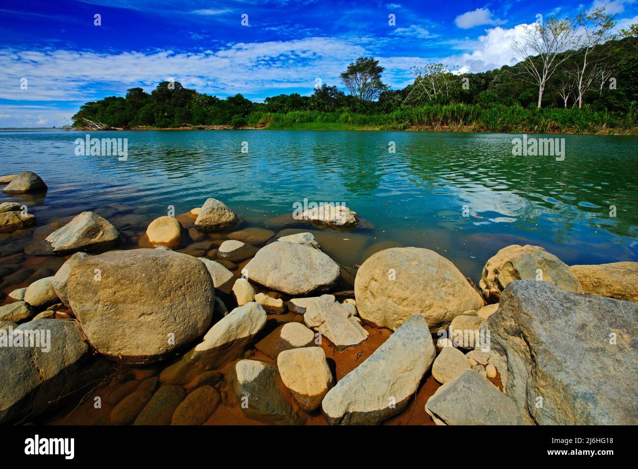 Beautiful river landscape from Costa Rica. River Rio Baru in the tropic forest. Stones in the river. Trees above the river. Summer river with blue sky Stock Photo