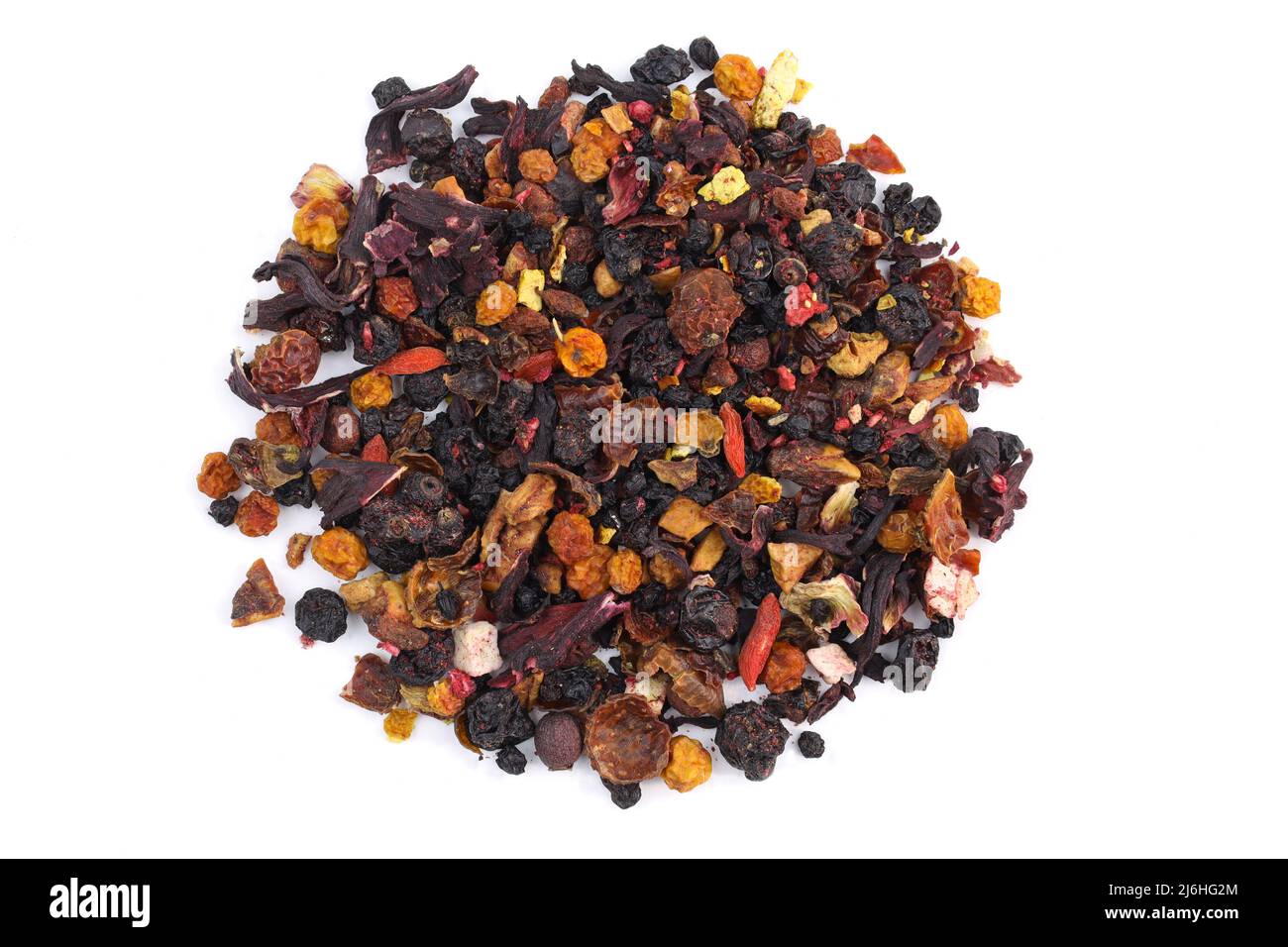 Natural fruit tea with hibiscus petals on a white background. Dry mix