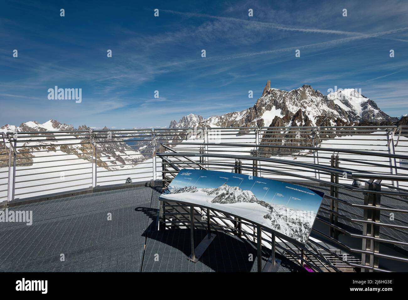 View on Mont Blanc massif from Pointe Helbronner station’s terrace with (from left) Dent du Géant, Rochefort, Grandes Jorasses. Stock Photo