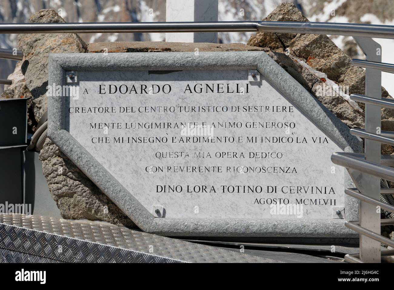 A plaque dedicated to Edoardo Agnelli on the terrace of the Skyway Pointe Helbronner station. Stock Photo