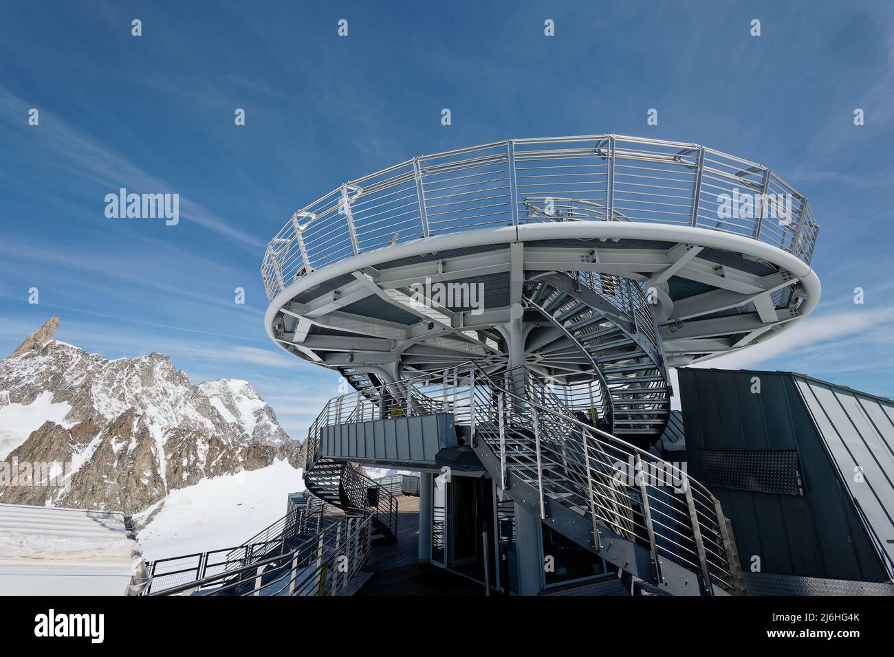 The panoramic deck of the Skyway Monte Bianco Pointe Helbronner station offers a 360° view on the Mont Blanc massif. Stock Photo