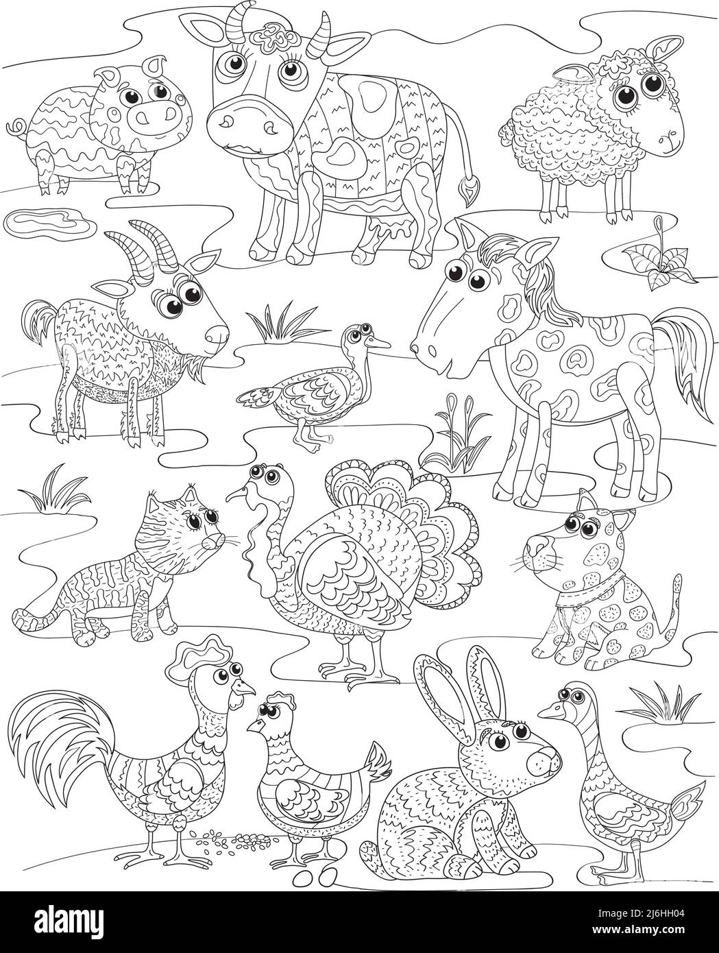 funny village animals, outlined doodle anti-stress coloring page cute village animals. Coloring book page for adults and children Stock Vector