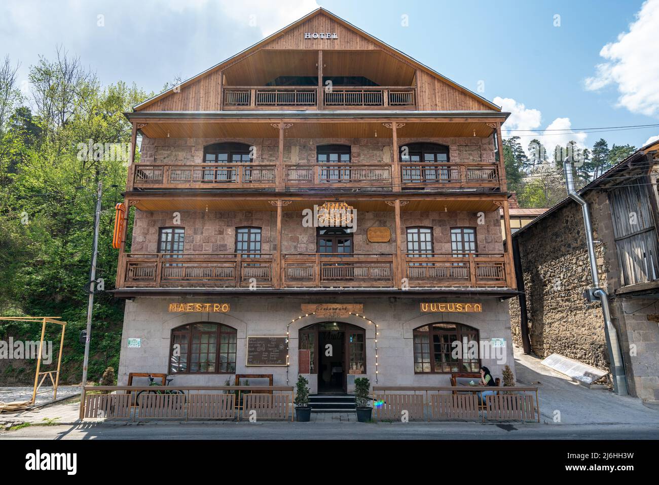 Dilijan, Armenia - April 28, 2022 - View of the popular Maestro hotel and restaurant in Dilijan, Armenia on a sunny morning Stock Photo