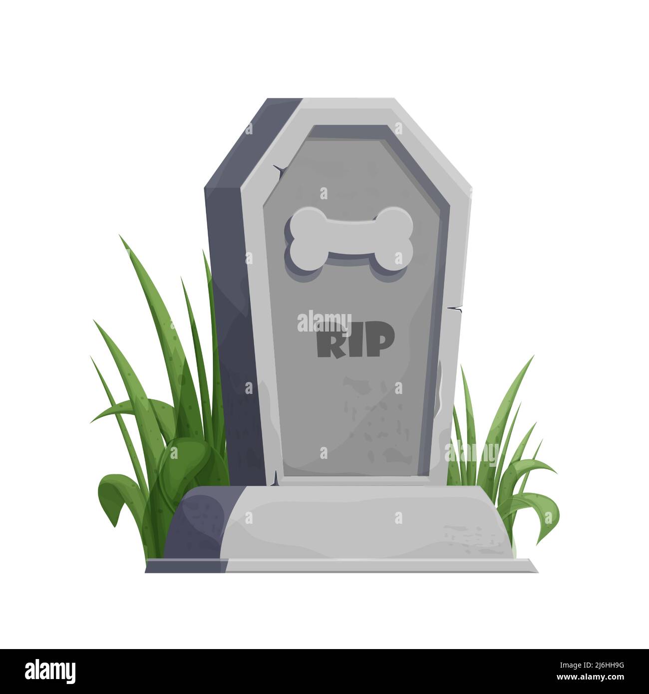 Pet gravestone, animal funeral with foot print decorated with grass in cartoon style isolated on white background. . Vector illustration Stock Vector