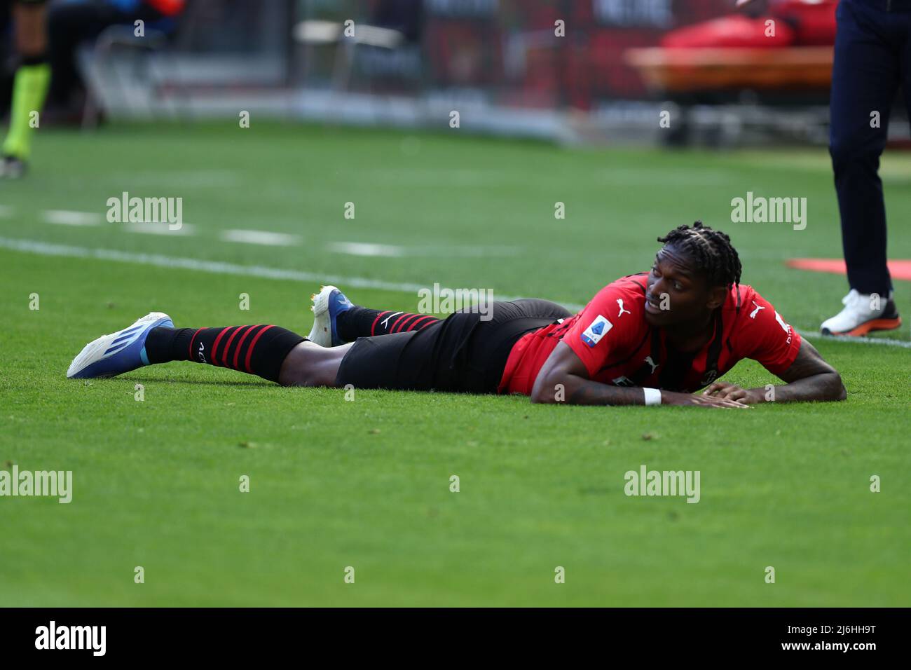 Milan, Italy. 01st May, 2022. Rafael Leao of Ac Milan lies on the ...