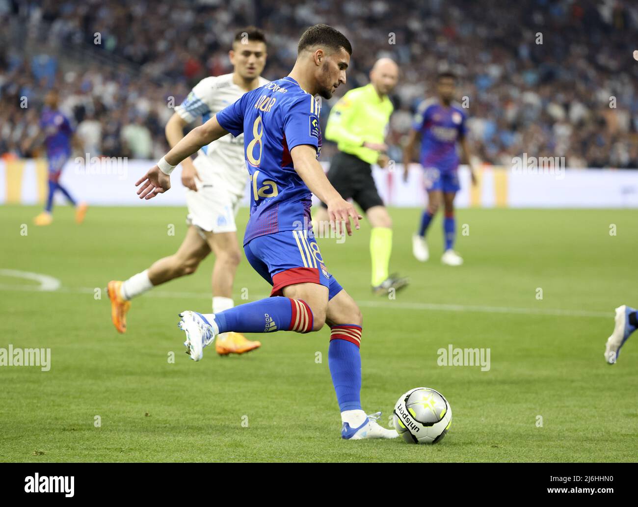 Houssem Aouar of Lyon during the French championship Ligue 1 football match  between Olympique de Marseille (OM) and Olympique Lyonnais (OL, Lyon) on  May 1, 2022 at Stade Velodrome in Marseille, France -