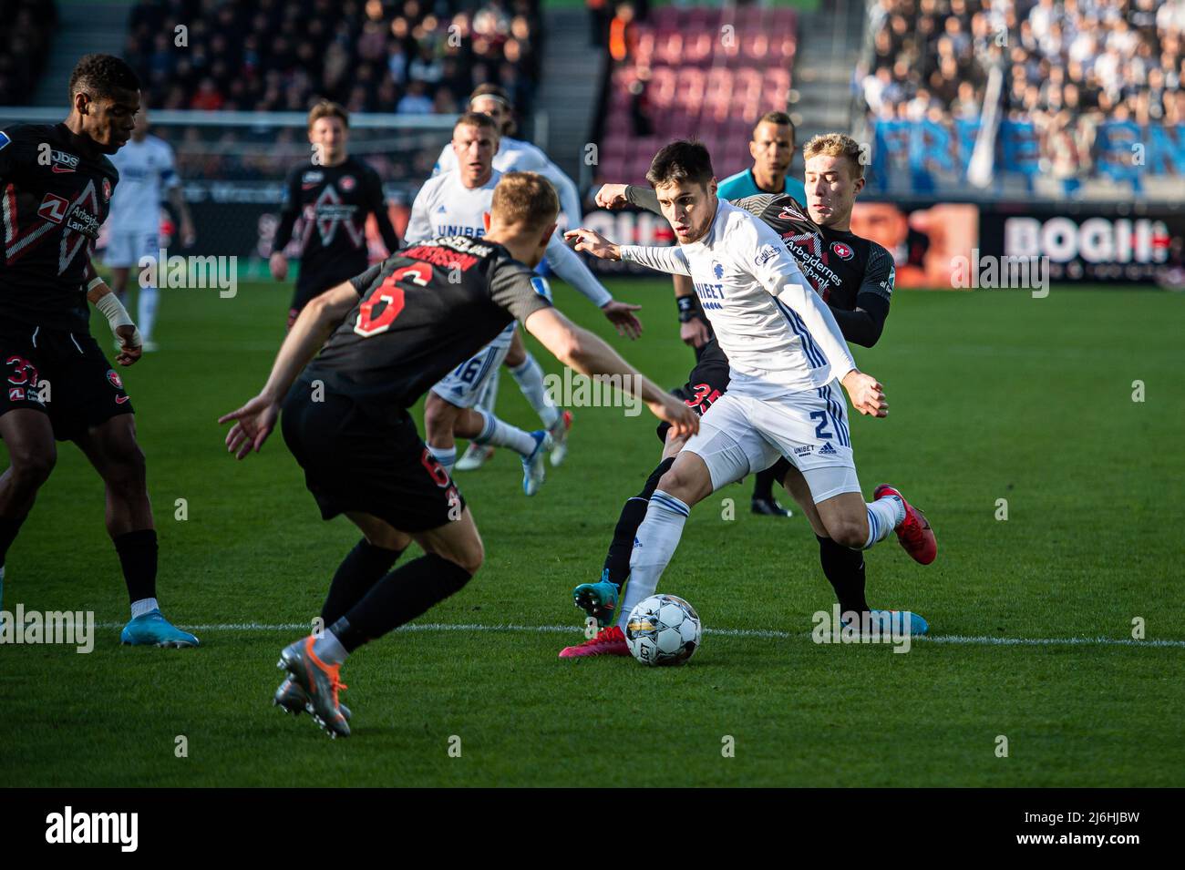 Herning, Denmark. 01st, May 2022. Kevin Diks (2) of FC Copenhagen and Charles (35) of FC Midtjylland seen during the 3F Superliga match between FC Midtjylland and FC Copenhagen at MCH Arena in Herning. (Photo credit: Gonzales Photo - Morten Kjaer). Stock Photo