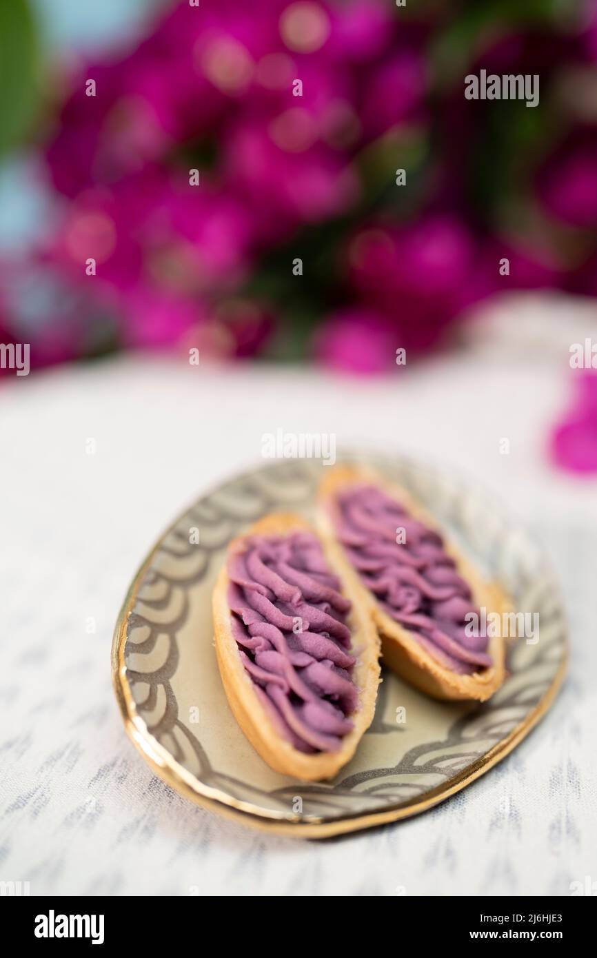 Beni-imo tart from the Okashigoten Store, Okinawa, Japan. Beni-imo is the purple sweet potato grown in Okinawa. Stock Photo