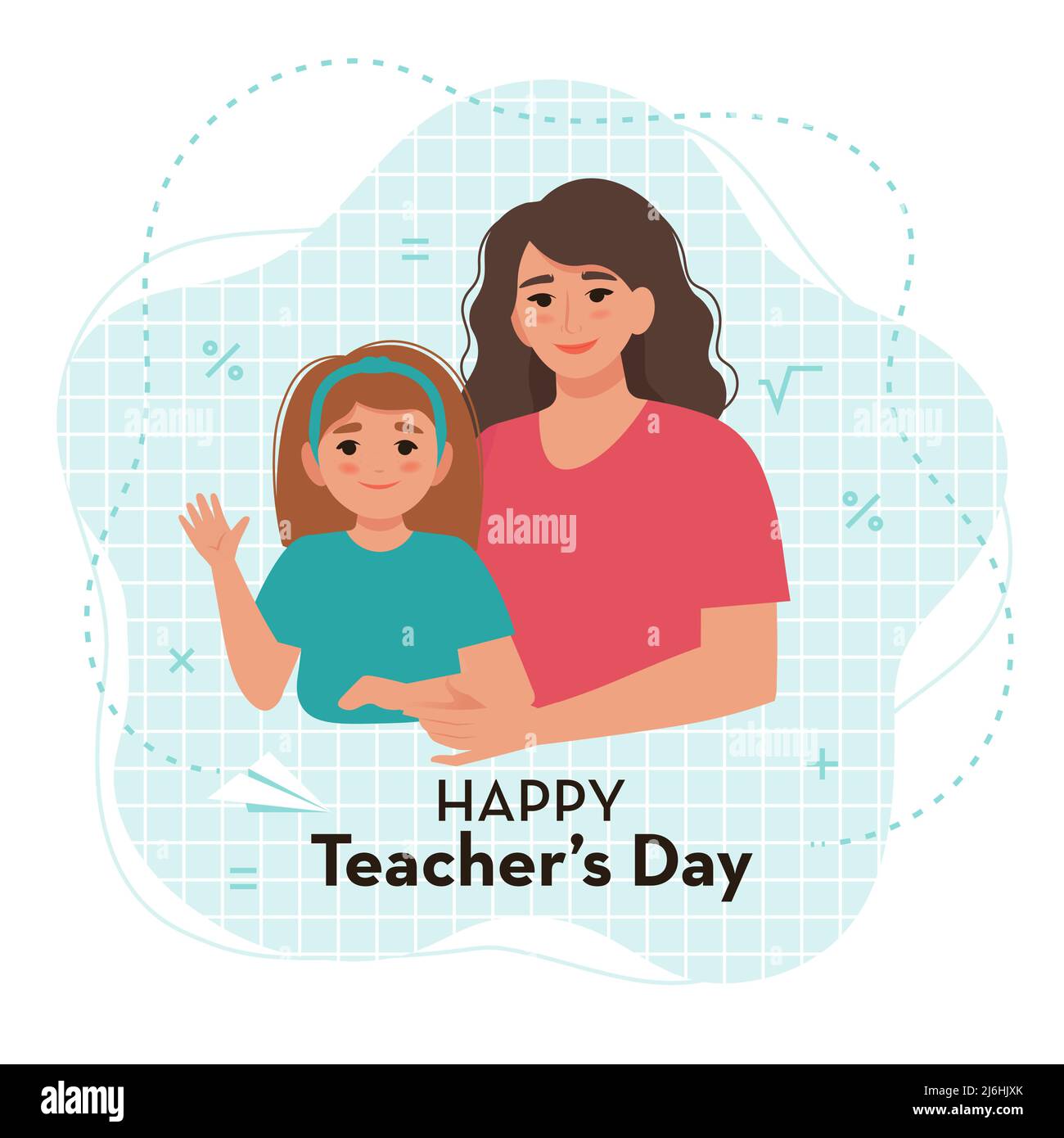 Happy teachers Day card with teacher and pupil. Vector illustration in flat style Stock Vector