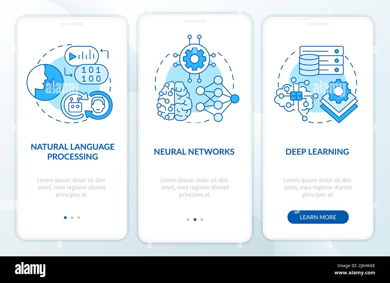 Fields of machine learning blue onboarding mobile app screen Stock Vector