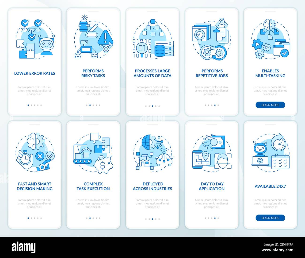Artificial intelligence blue onboarding mobile app screen set Stock ...