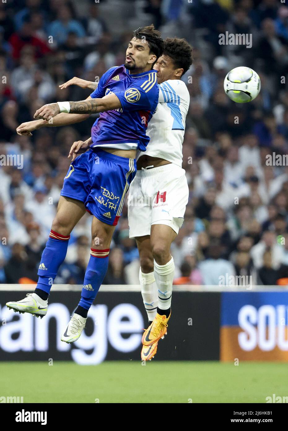 Lucas Paqueta of Lyon, Boubacar Kamara of Marseille during the French  championship Ligue 1 football match between Olympique de Marseille (OM) and Olympique  Lyonnais (OL, Lyon) on May 1, 2022 at Stade
