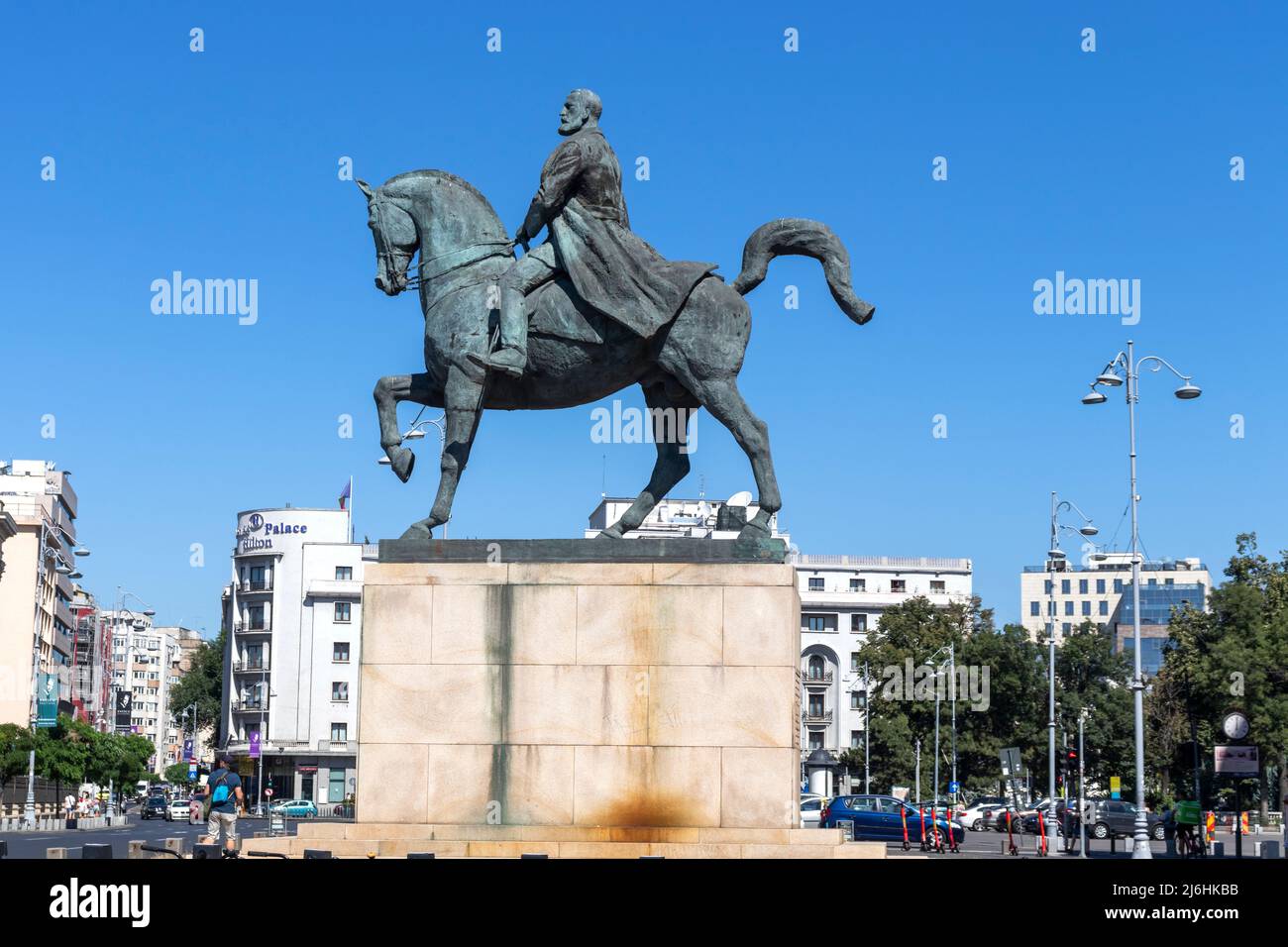 University library with equestrian statue of carol i hi-res stock ...