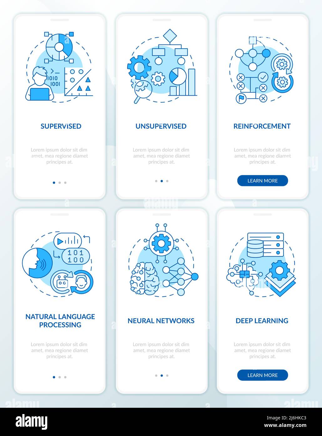 Artificial intelligence system blue onboarding mobile app screen set ...