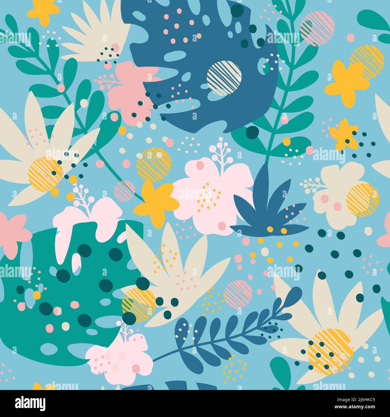 Seamless abstract tropical pattern with hand drawn elements in trendy ...