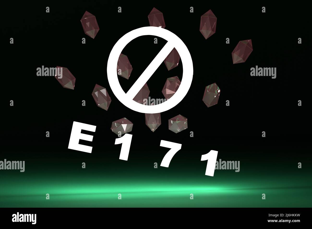 Crystals of additive E171. Danger and prohibition Titanium dioxide concept. Green background