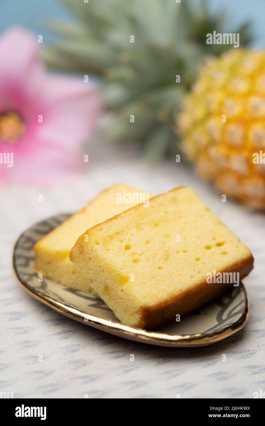 Pineapple Cake Premium a soft castella sponge cake produced by Nago Pineapple Park, Okinawa. A popular souvenir from the islands. Stock Photo
