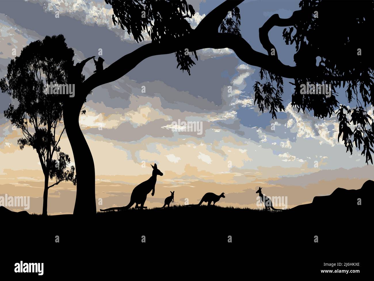 silhouette of kangaroos with a large gum tree and a koala sitting in the tree Stock Vector