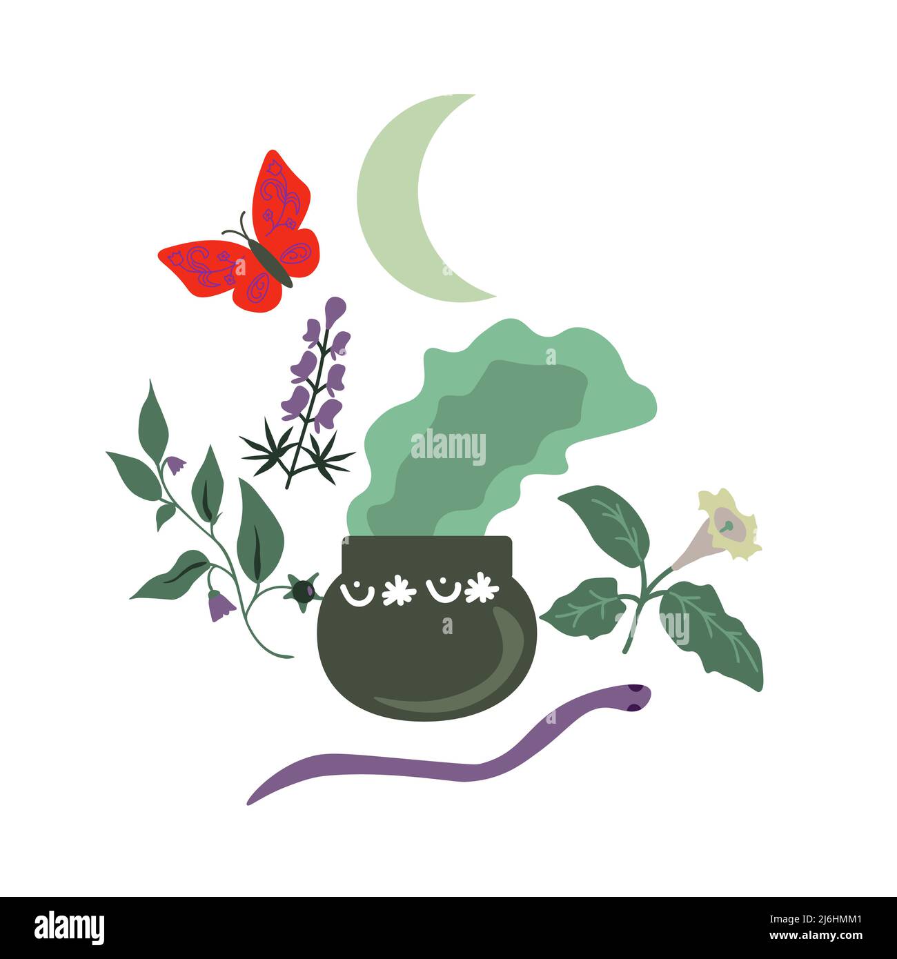 Sorcery vector illustration with plants and ?auldron Stock Vector
