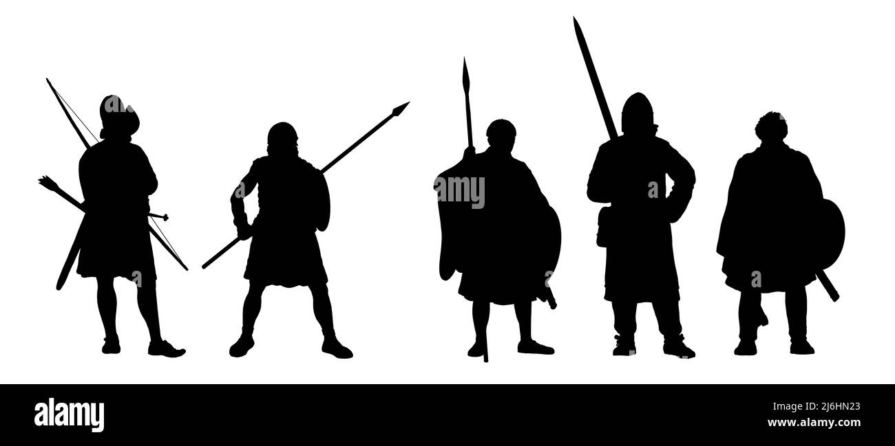 Medieval knights silhouette illustration. Set of isolated warriors. Stock Photo
