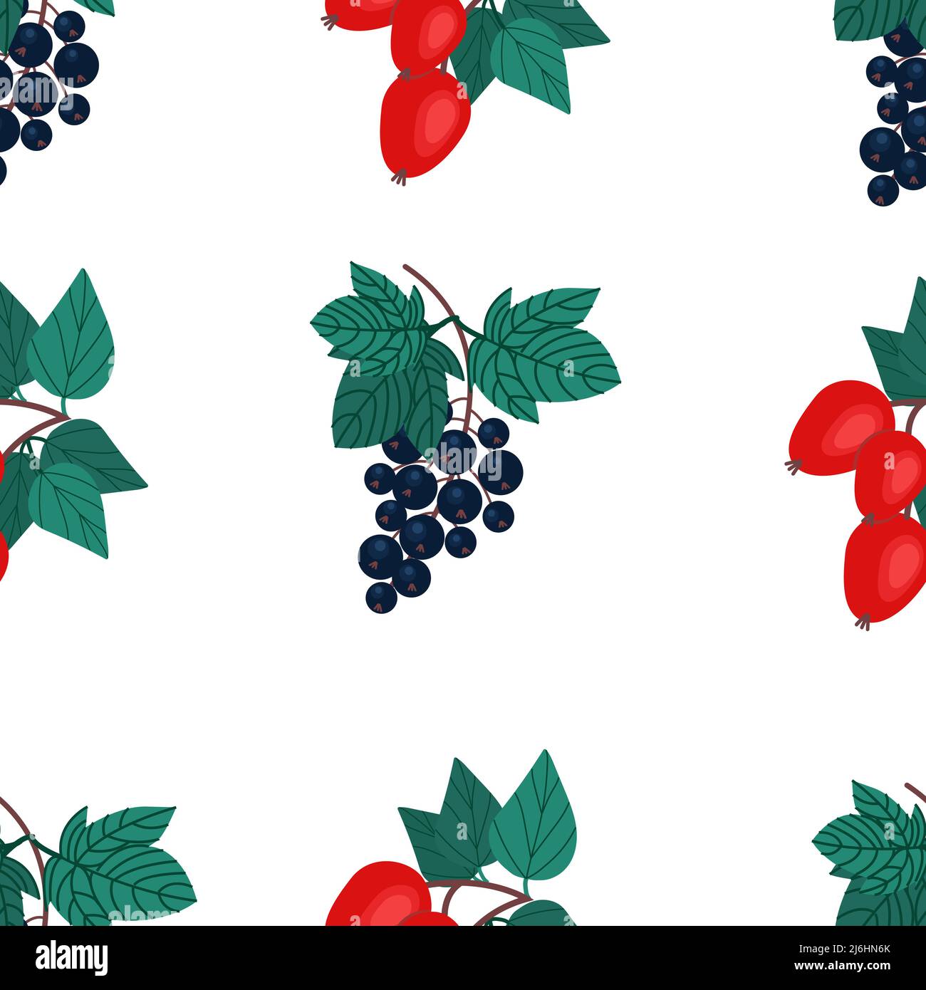 Sprig of dog rose and black currant seamless pattern. Fruit print, vector illustration in flat style Stock Vector