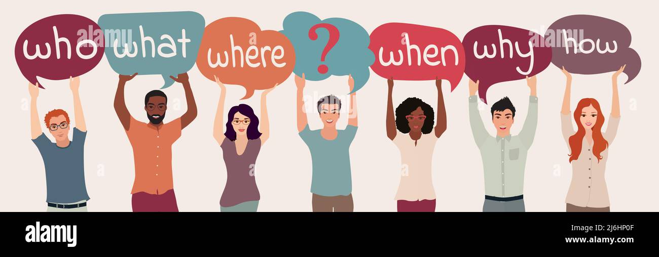 Group of people coworkers or colleagues with arms up holding speech bubble in hand whit text -Who What Where When Why How- and question mark symbol. Stock Vector