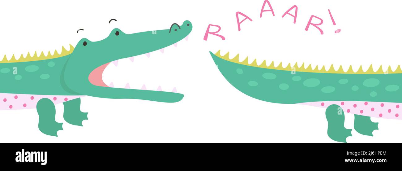 Cute crocodile print. Green alligator cartoon style, boy t-shirt sticker. African wild animal bite tail, isolated scandinavian nowaday poster vector Stock Vector