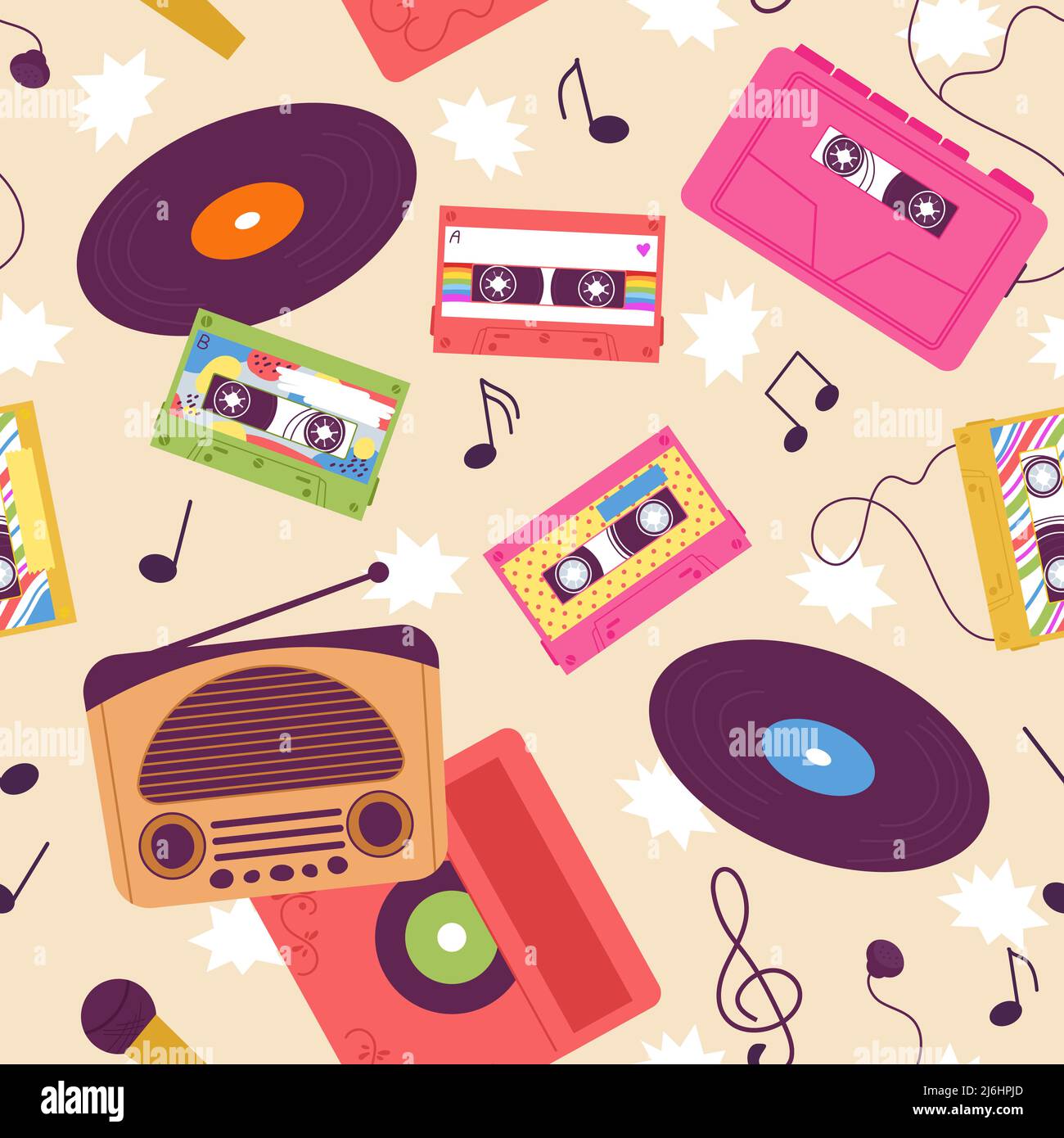 Retro music print. Doodle cassette with tape and 90s style headphones. Musical player and record for gramophone, vintage bright decent vector pop Stock Vector