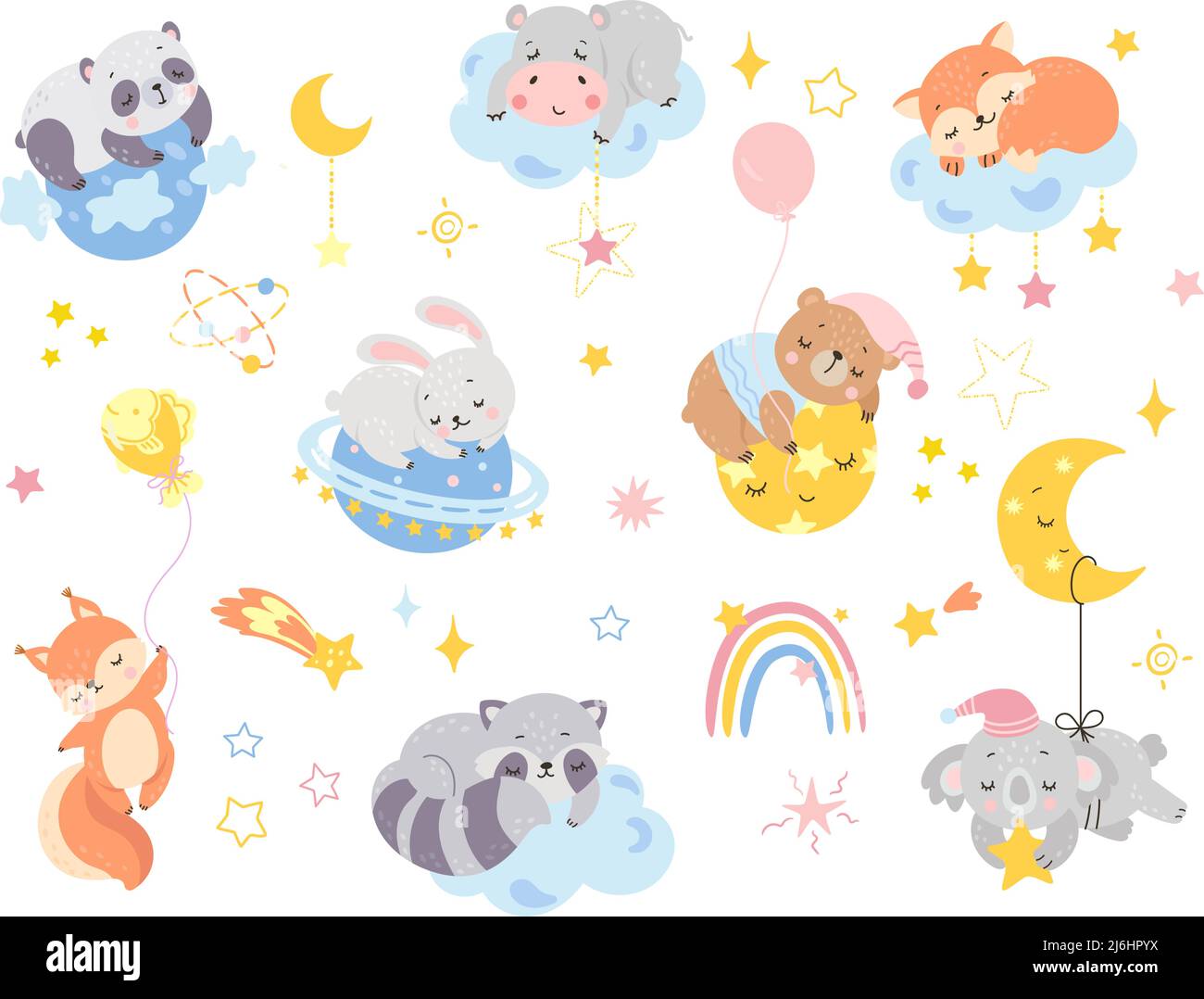 Cartoon animal sleep. Baby cute animals sleeping and hugging cloud moon  planet. Wizard forest characters, child room funny decor. Night dream  nowaday Stock Vector Image & Art - Alamy